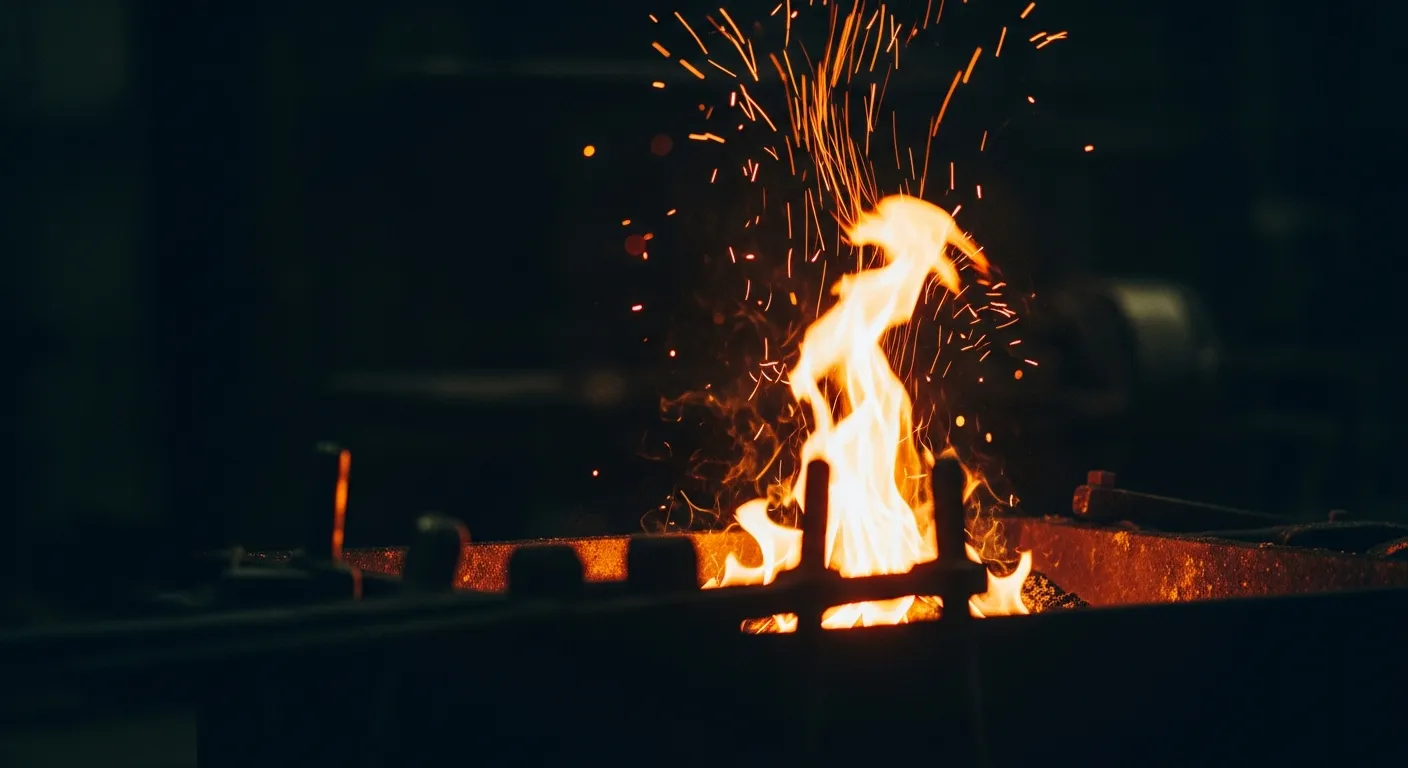 Llamas y chispas de trabajos en caliente sobre un banco de acero en un taller oscuro