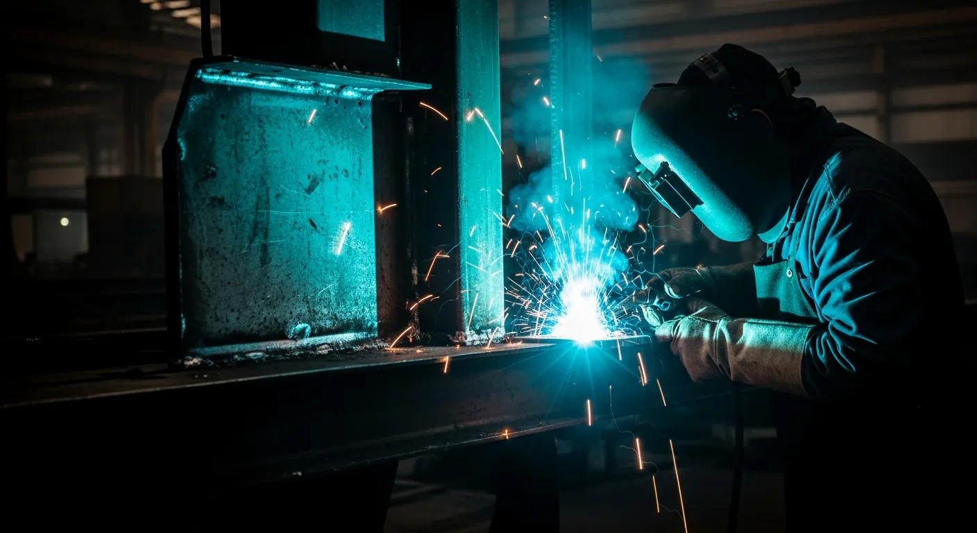 Welder in a dark industrial hall with a glowing welding arc and flying sparks