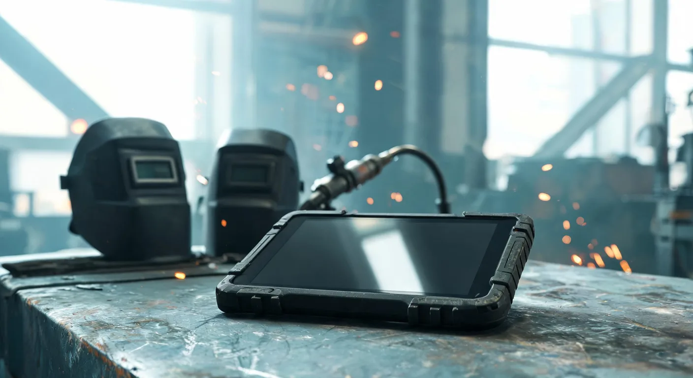 Tablet on a workbench next to welding helmets and tools